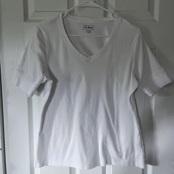 L.L.Bean, Women's, Double L Rib-Knit Tee Vneck Elbow Sleeve, White, Large - Picture 1 of 5